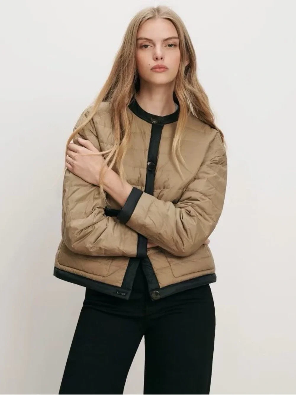 Veronica Beard Pearson Puffer Dickey Jacket Beige Down Collarless, XS S M L
